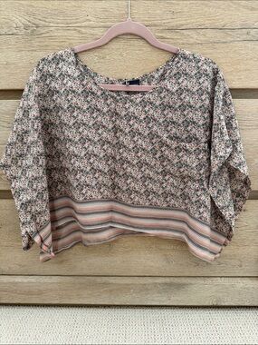 Floral SILK Cropped Blouse in Blush and Green - Women's Top